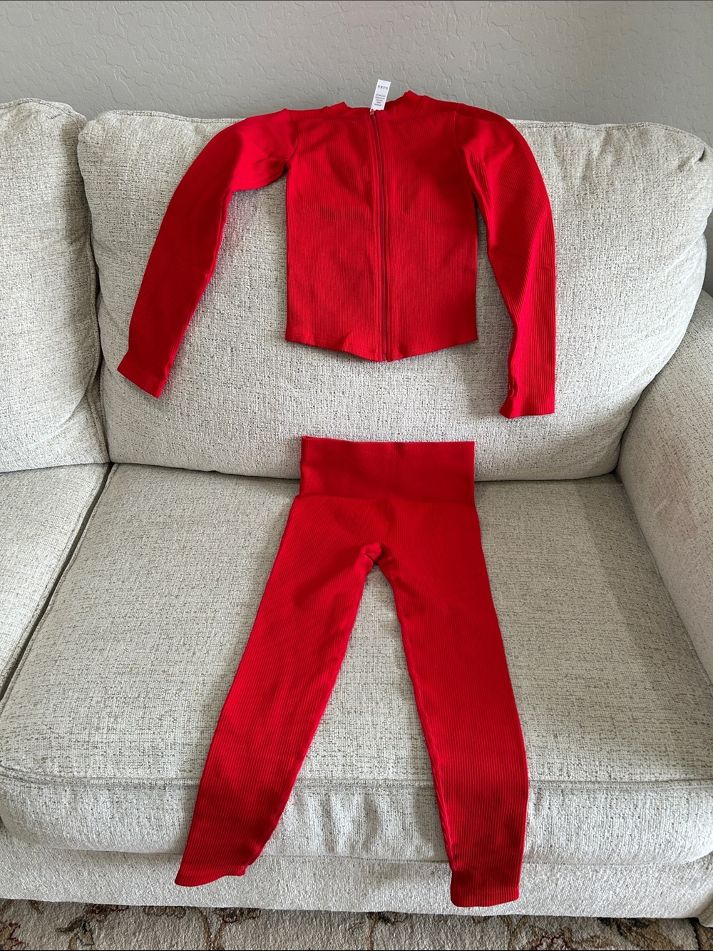 Red Ribbed Zip-Front Long Sleeve Crop Top & High Waist Leggings Set